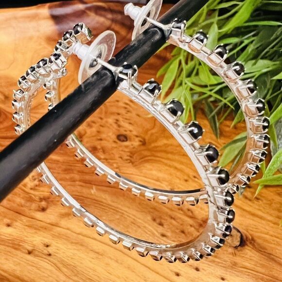 Huge Open Hoop Earrings Silver Tone Black Rhinestones Elegant Fancy 4088 - Picture 2 of 11